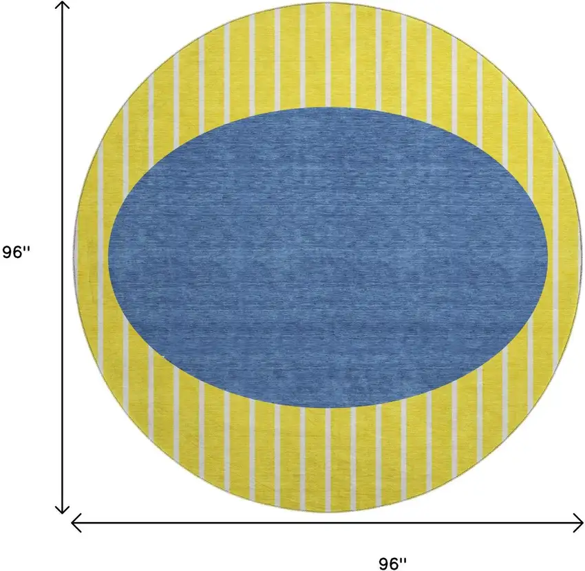 8' Yellow Ivory And Blue Striped Washable Round Rug With UV Protection Photo 8