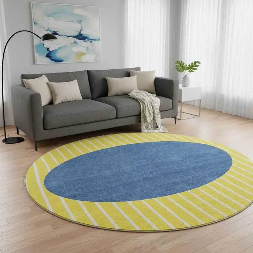 8' Yellow Ivory And Blue Striped Washable Round Rug With UV Protection Photo 2