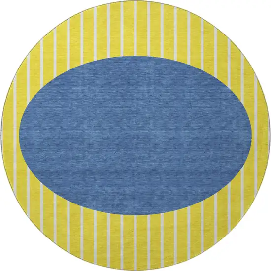 8' Yellow Ivory And Blue Striped Washable Round Rug With UV Protection Photo 2