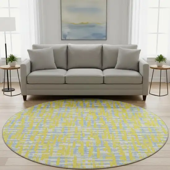 8' Yellow Ivory And Denim Blue Abstract Geometric Washable Round Rug With UV Protection Photo 2