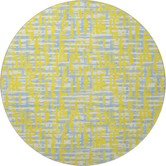 8' Yellow Ivory And Denim Blue Abstract Geometric Washable Round Rug With UV Protection Photo 3
