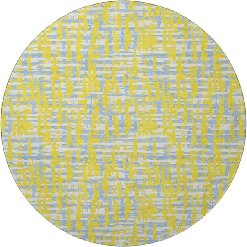 8' Yellow Ivory And Denim Blue Abstract Geometric Washable Round Rug With UV Protection Photo 3