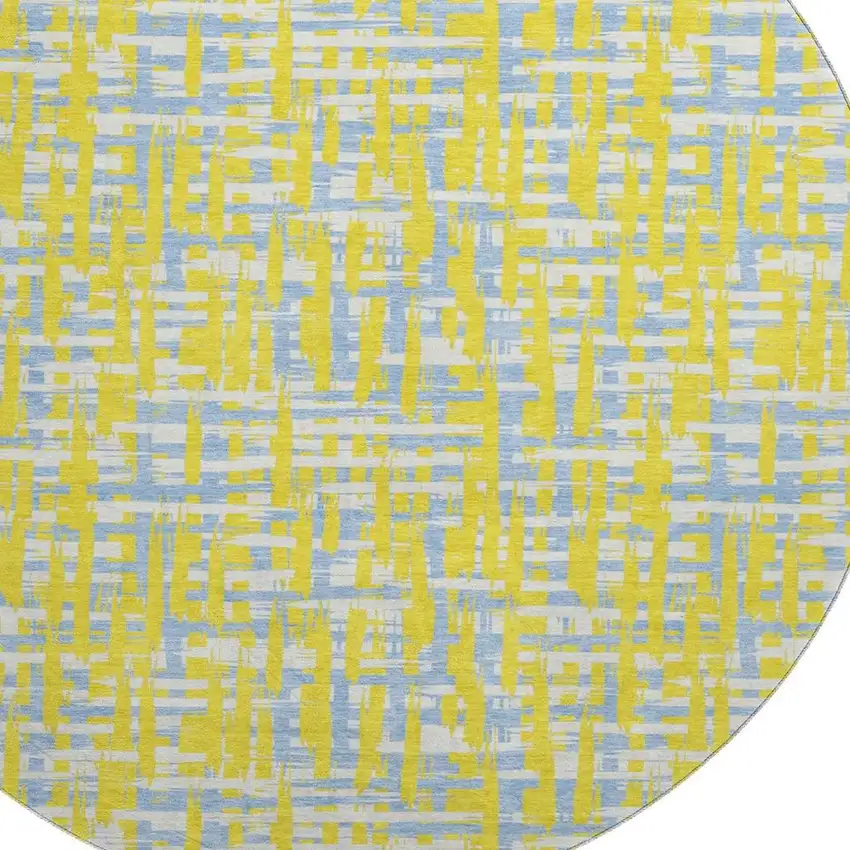 8' Yellow Ivory And Denim Blue Abstract Geometric Washable Round Rug With UV Protection Photo 2
