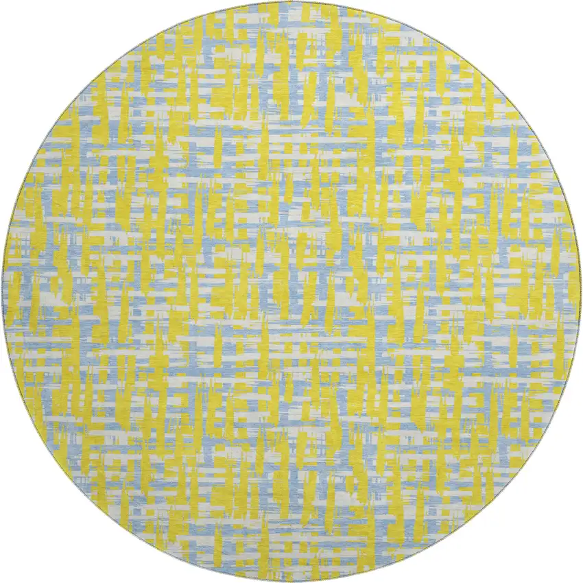 8' Yellow Ivory And Denim Blue Abstract Geometric Washable Round Rug With UV Protection Photo 1