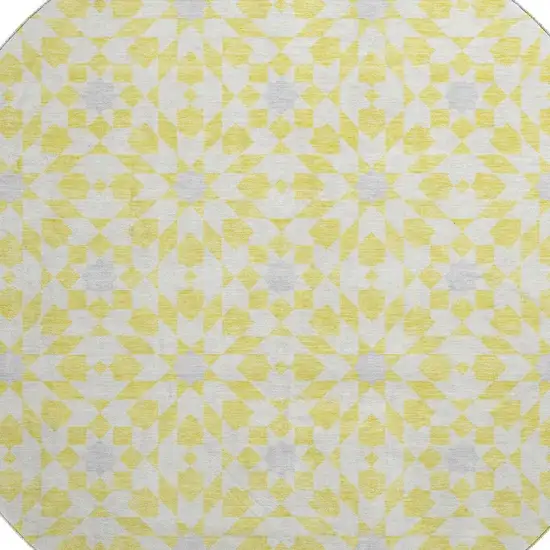 8' Yellow Ivory And Gray Geometric Washable Round Rug With UV Protection Photo 3