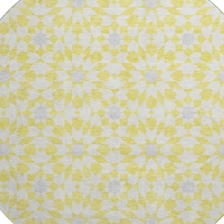 8' Yellow Ivory And Gray Geometric Washable Round Rug With UV Protection Photo 3