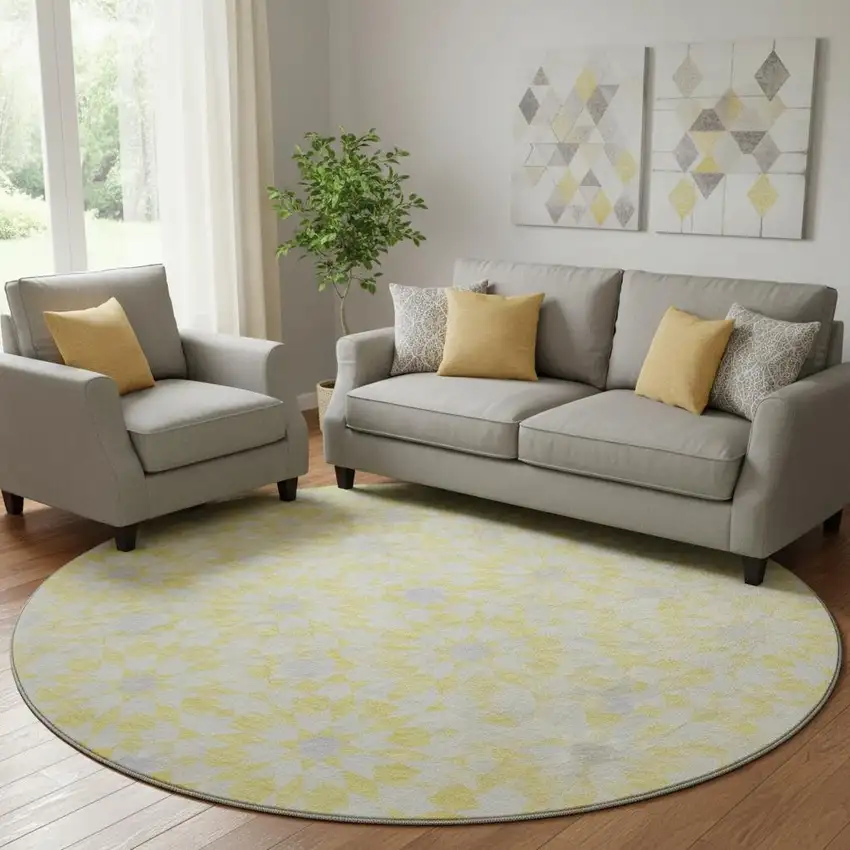 8' Yellow Ivory And Gray Geometric Washable Round Rug With UV Protection Photo 1