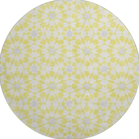 8' Yellow Ivory And Gray Geometric Washable Round Rug With UV Protection Photo 4
