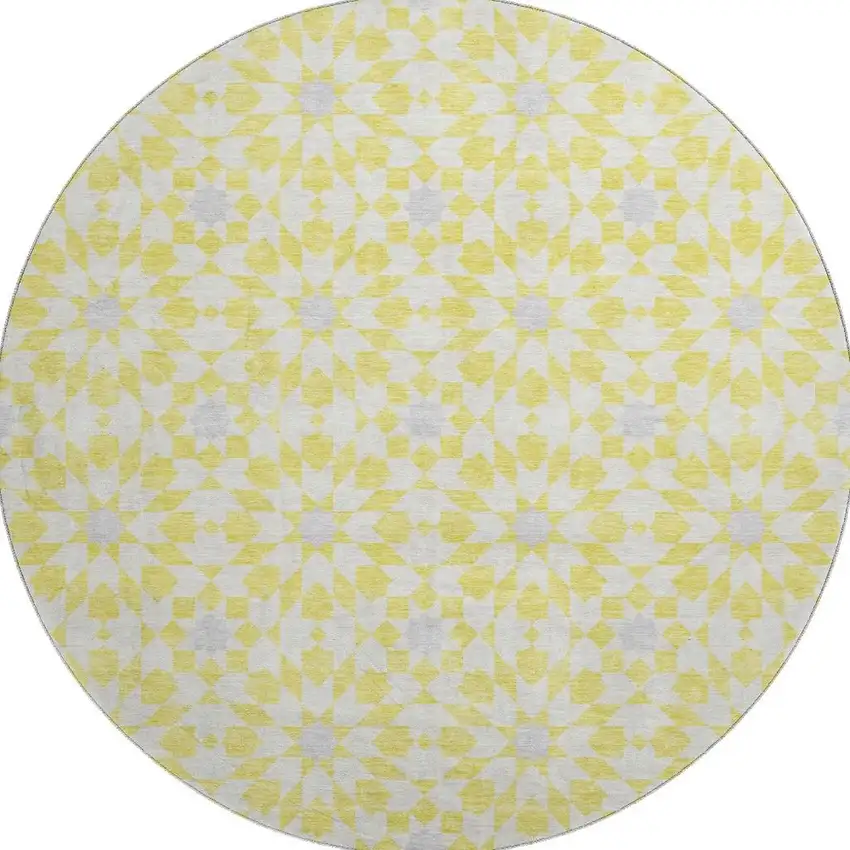 8' Yellow Ivory And Gray Geometric Washable Round Rug With UV Protection Photo 4