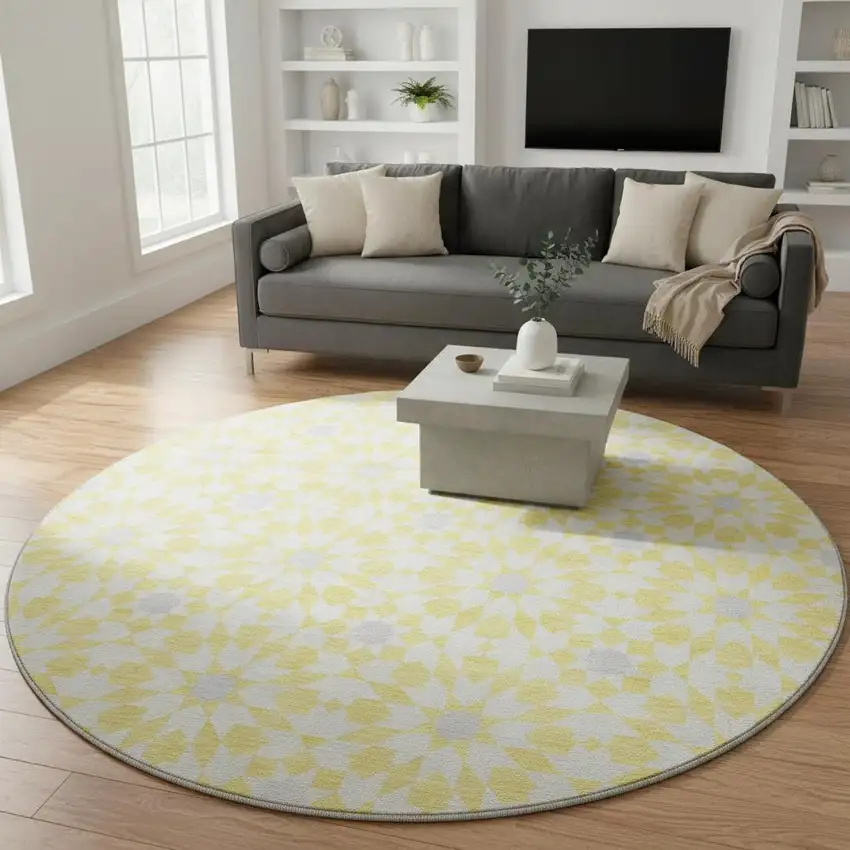 8' Yellow Ivory And Gray Geometric Washable Round Rug With UV Protection Photo 2