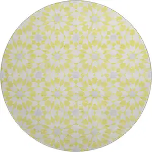 Photo of 8' Yellow Ivory And Gray Geometric Washable Round Rug With UV Protection