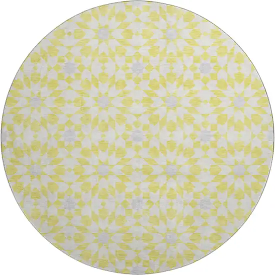 8' Yellow Ivory And Gray Geometric Washable Round Rug With UV Protection Photo 1