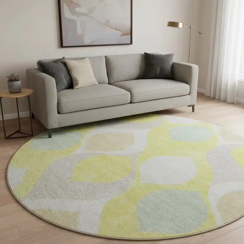 8' Yellow Ivory And Gray Ogee Washable Round Rug With UV Protection Photo 2