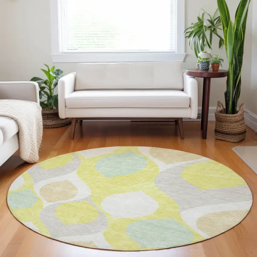 8' Yellow Ivory And Gray Ogee Washable Round Rug With UV Protection Photo 5