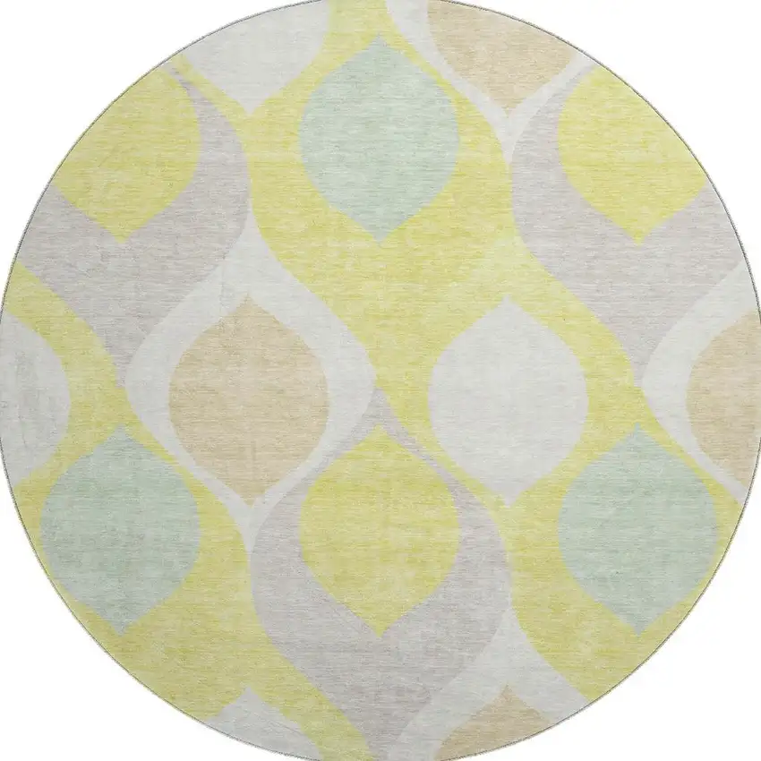 8' Yellow Ivory And Gray Ogee Washable Round Rug With UV Protection Photo 4