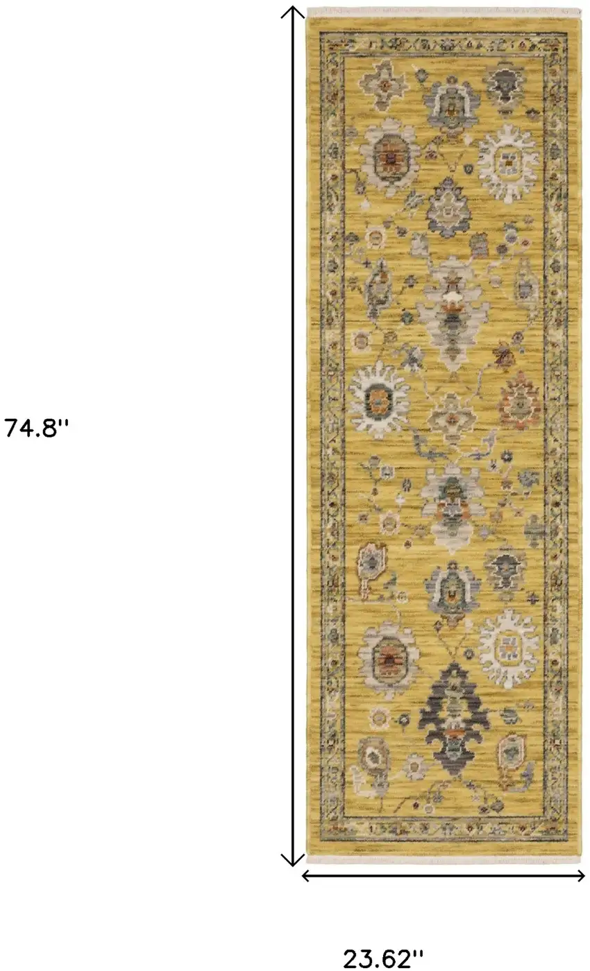6' Yellow Ivory And Gray Oriental Runner Rug With Fringe Photo 3