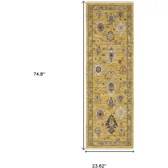 6' Yellow Ivory And Gray Oriental Runner Rug With Fringe Photo 3