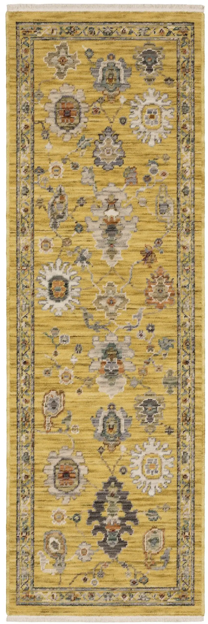 6' Yellow Ivory And Gray Oriental Runner Rug With Fringe Photo 2