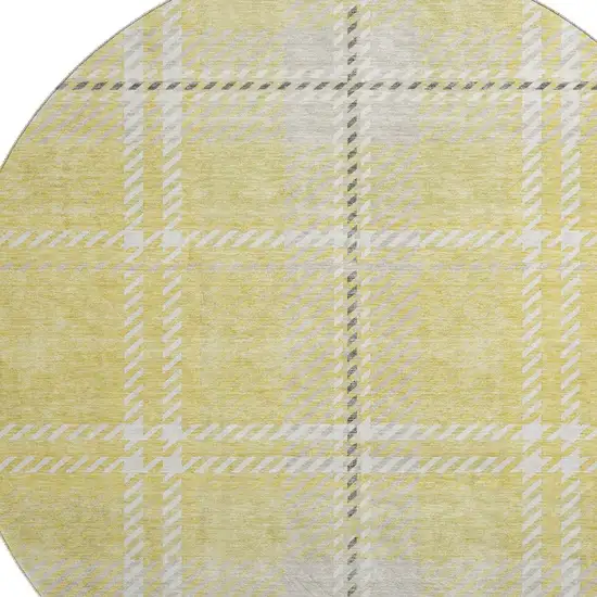 8' Yellow Ivory And Gray Plaid Washable Round Rug With UV Protection Photo 2