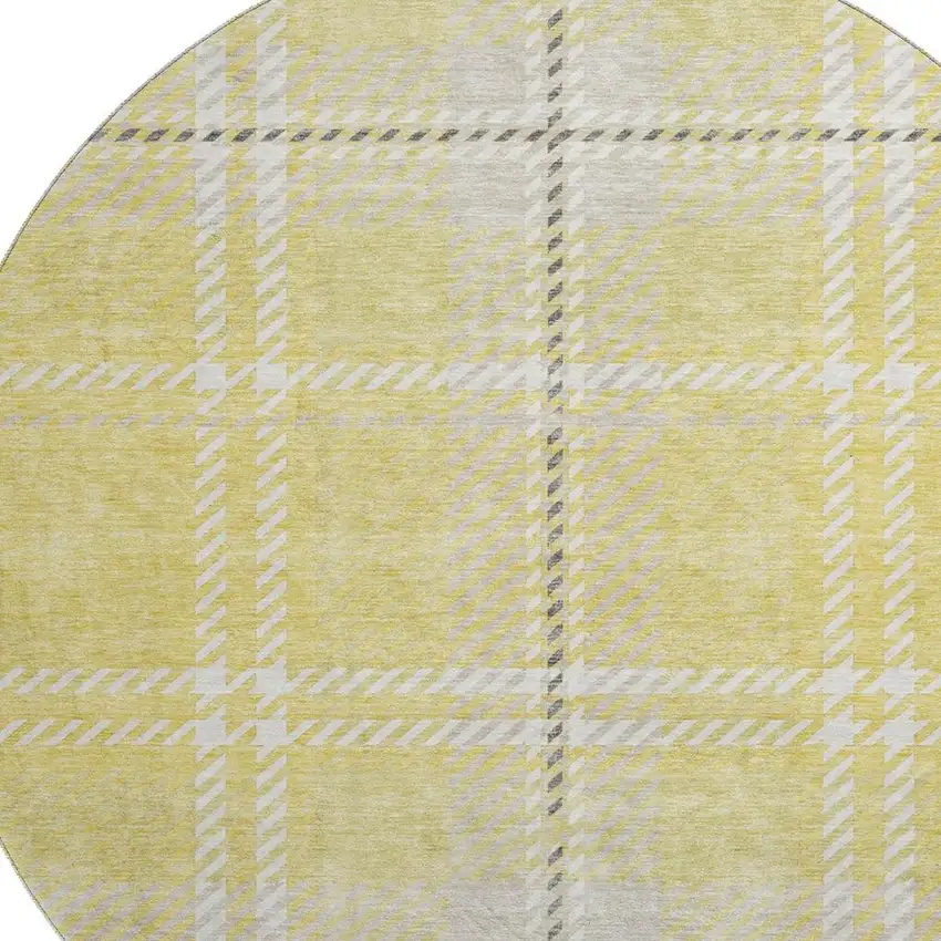 8' Yellow Ivory And Gray Plaid Washable Round Rug With UV Protection Photo 2