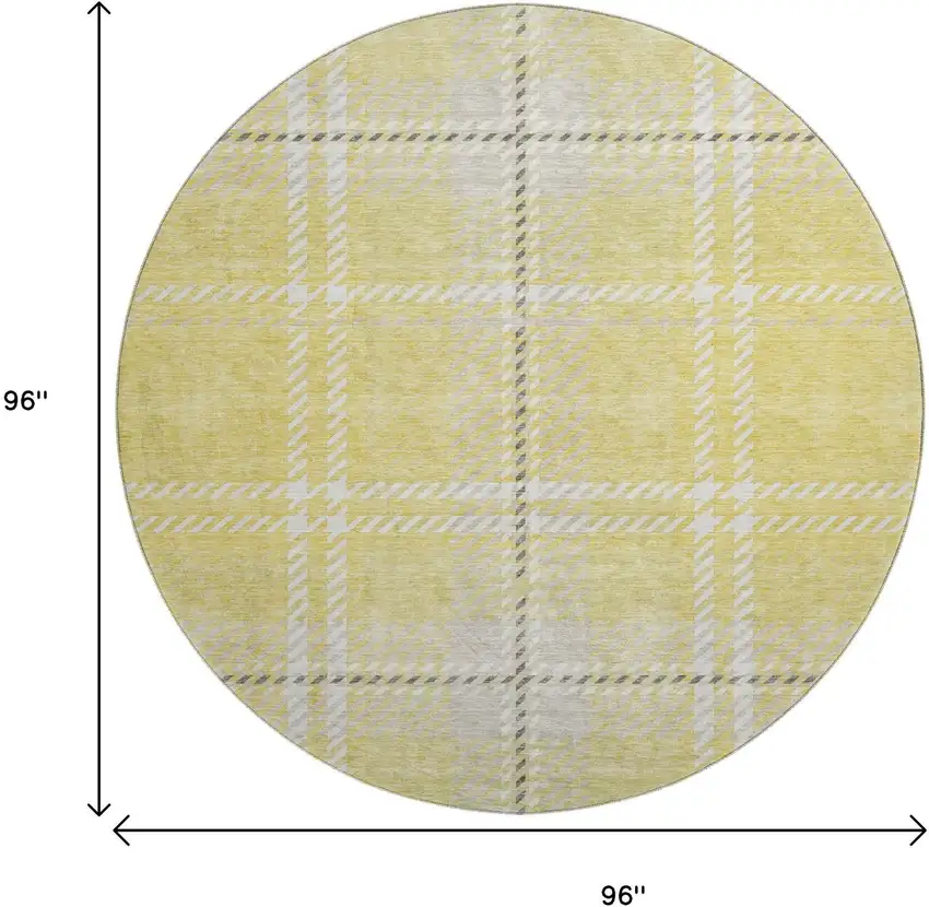 8' Yellow Ivory And Gray Plaid Washable Round Rug With UV Protection Photo 9