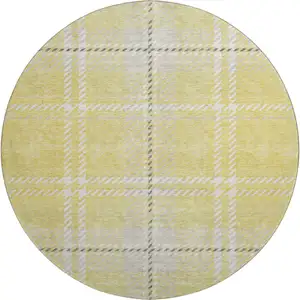 Photo of 8' Yellow Ivory And Gray Plaid Washable Round Rug With UV Protection