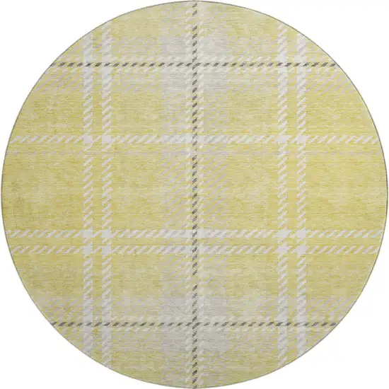 8' Yellow Ivory And Gray Plaid Washable Round Rug With UV Protection Photo 1