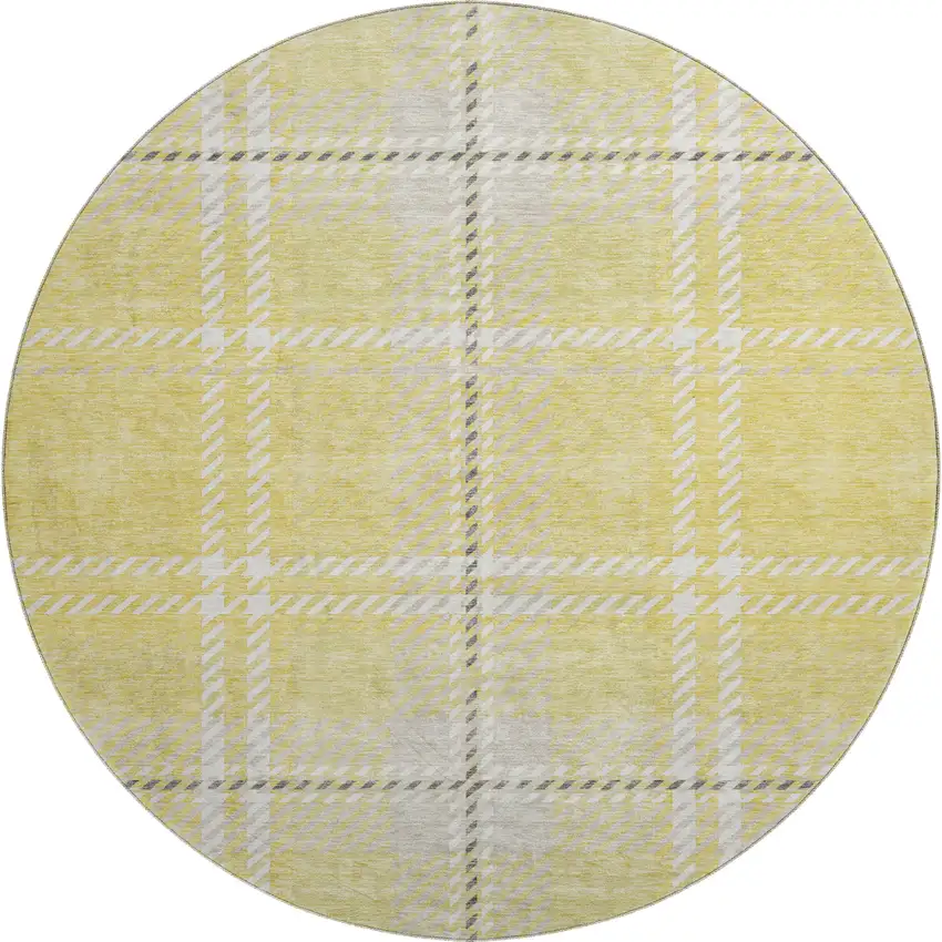8' Yellow Ivory And Gray Plaid Washable Round Rug With UV Protection Photo 1