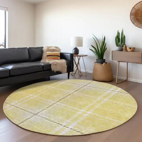 8' Yellow Ivory And Gray Plaid Washable Round Rug With UV Protection Photo 4