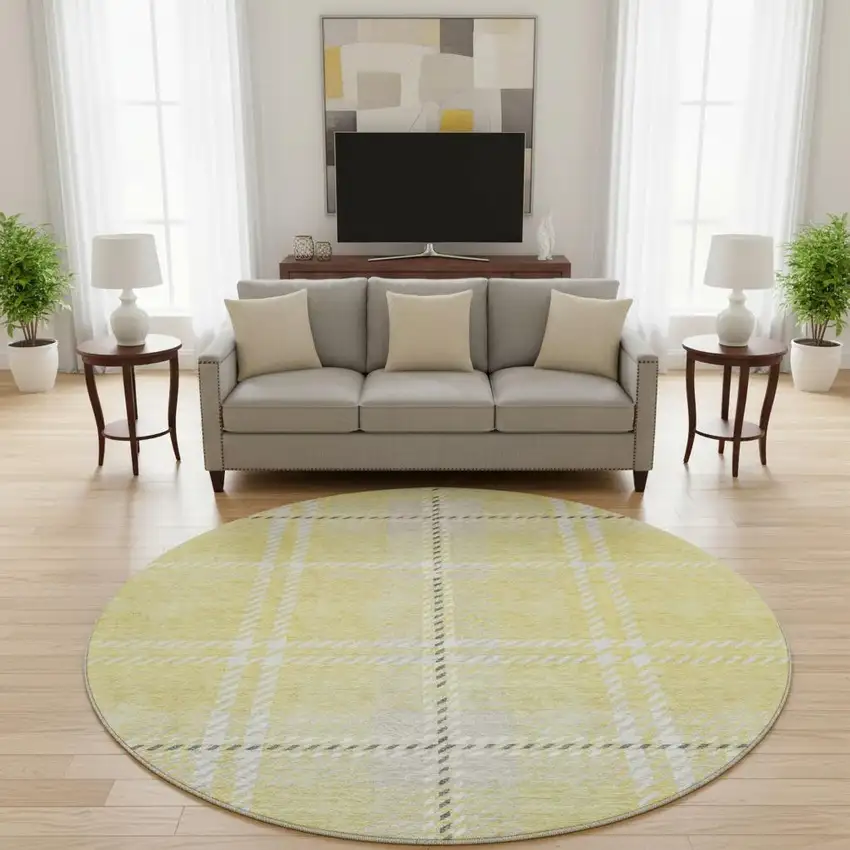 8' Yellow Ivory And Gray Plaid Washable Round Rug With UV Protection Photo 2
