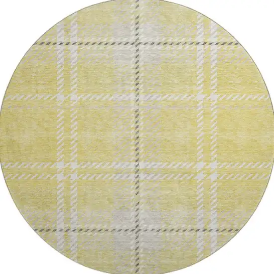 8' Yellow Ivory And Gray Plaid Washable Round Rug With UV Protection Photo 3