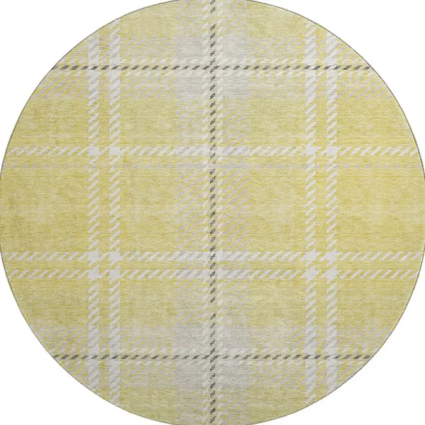 8' Yellow Ivory And Gray Plaid Washable Round Rug With UV Protection Photo 3