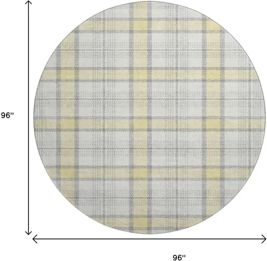 8' Yellow Ivory And Gray Plaid Washable Round Rug With UV Protection Photo 9