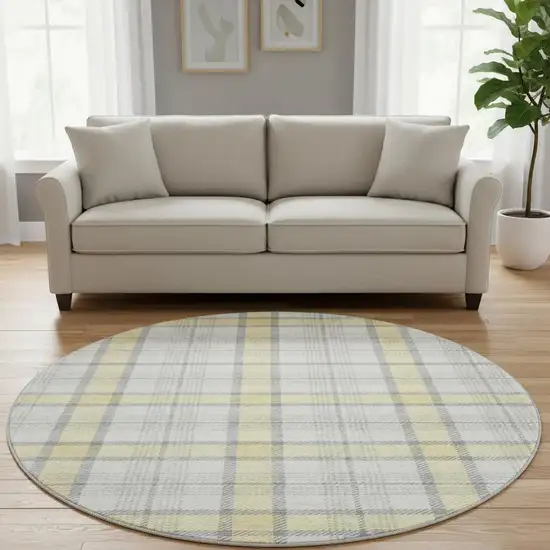 8' Yellow Ivory And Gray Plaid Washable Round Rug With UV Protection Photo 2