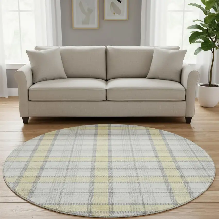8' Yellow Ivory And Gray Plaid Washable Round Rug With UV Protection Photo 2