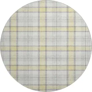 Photo of 8' Yellow Ivory And Gray Plaid Washable Round Rug With UV Protection
