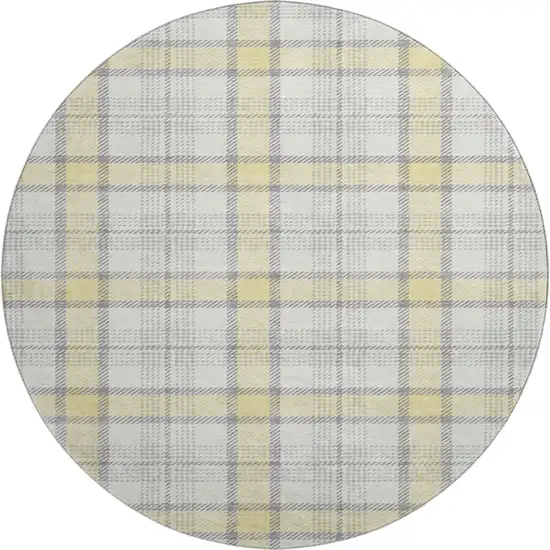 8' Yellow Ivory And Gray Plaid Washable Round Rug With UV Protection Photo 1