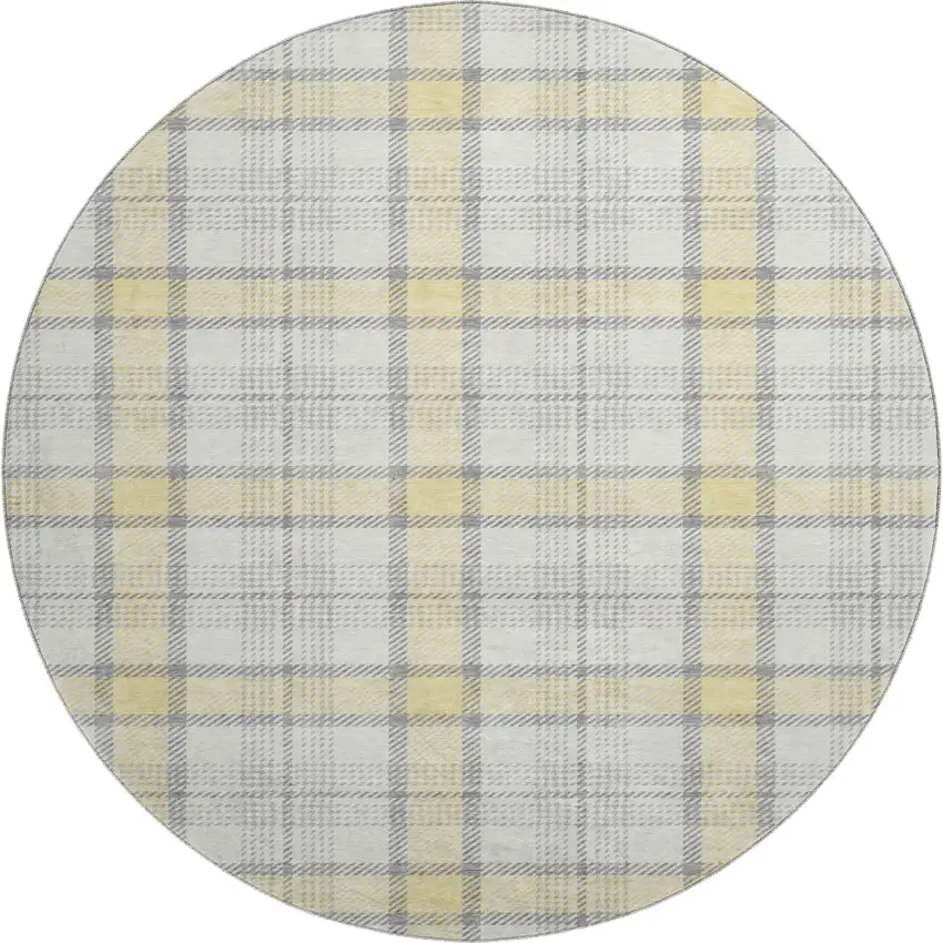 8' Yellow Ivory And Gray Plaid Washable Round Rug With UV Protection Photo 1