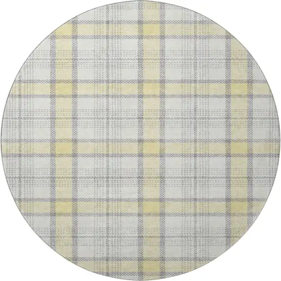 8' Yellow Ivory And Gray Plaid Washable Round Rug With UV Protection Photo 3