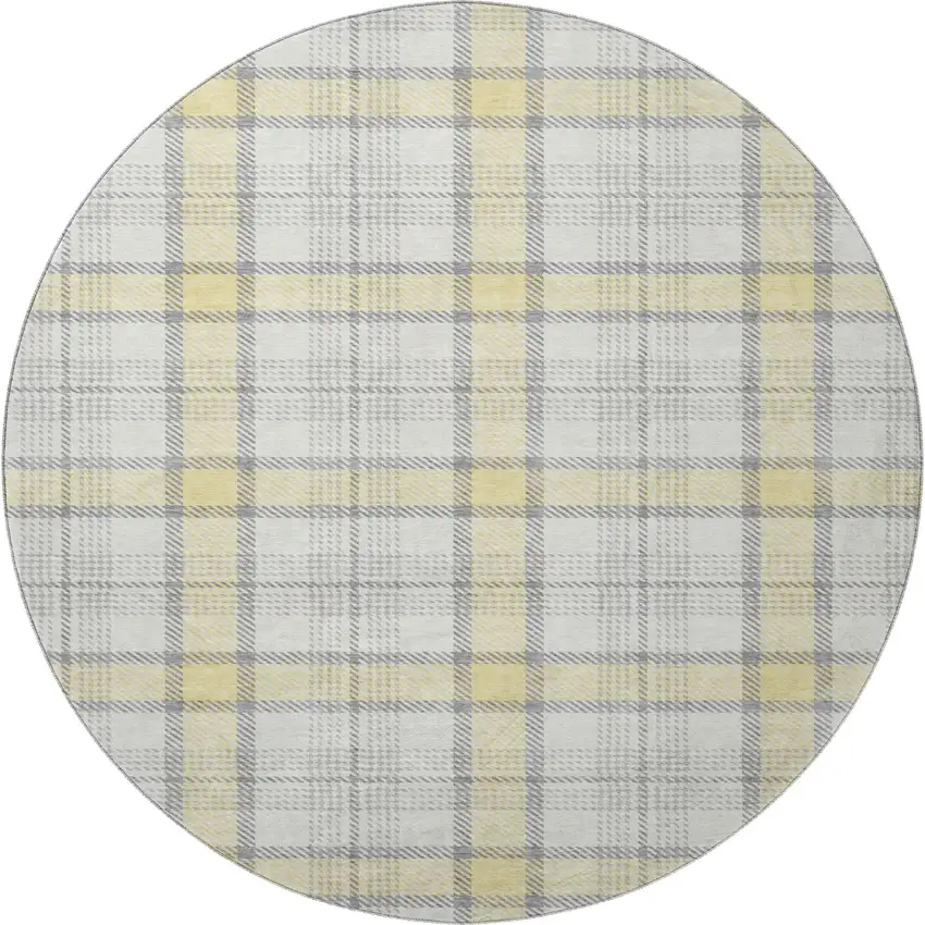 8' Yellow Ivory And Gray Plaid Washable Round Rug With UV Protection Photo 3