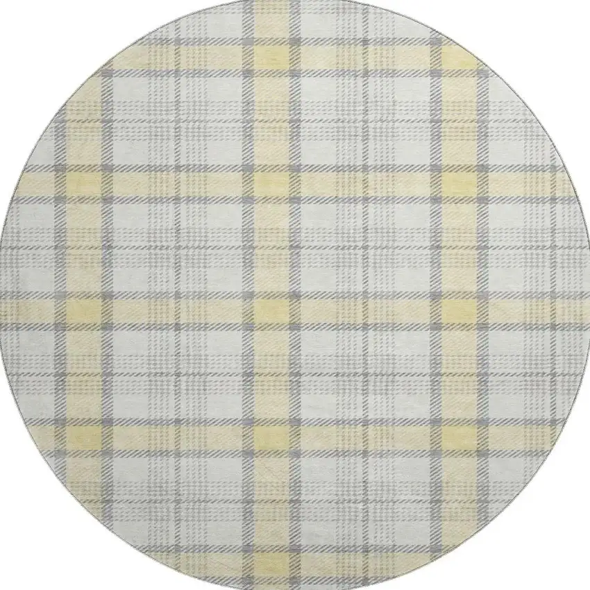 8' Yellow Ivory And Gray Plaid Washable Round Rug With UV Protection Photo 2