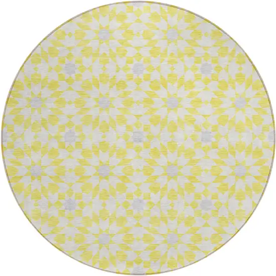 8' Yellow Ivory And Gray Round Floral Medallion Washable Indoor Outdoor Area Rug Photo 1
