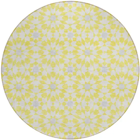 8' Yellow Ivory And Gray Round Floral Medallion Washable Indoor Outdoor Area Rug Photo 1
