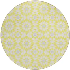 Photo of 8' Yellow Ivory And Gray Round Floral Medallion Washable Indoor Outdoor Area Rug