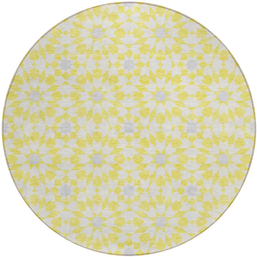 8' Yellow Ivory And Gray Round Floral Medallion Washable Indoor Outdoor Area Rug Photo 1