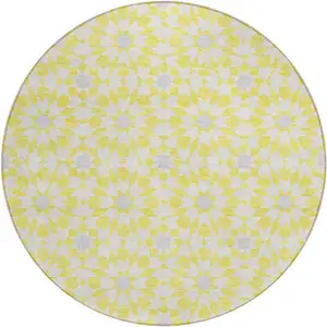 Photo of 8' Yellow Ivory And Gray Round Floral Medallion Washable Indoor Outdoor Area Rug