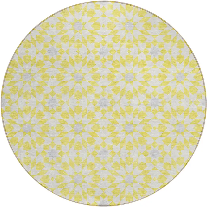 8' Yellow Ivory And Gray Round Floral Medallion Washable Indoor Outdoor Area Rug Photo 1