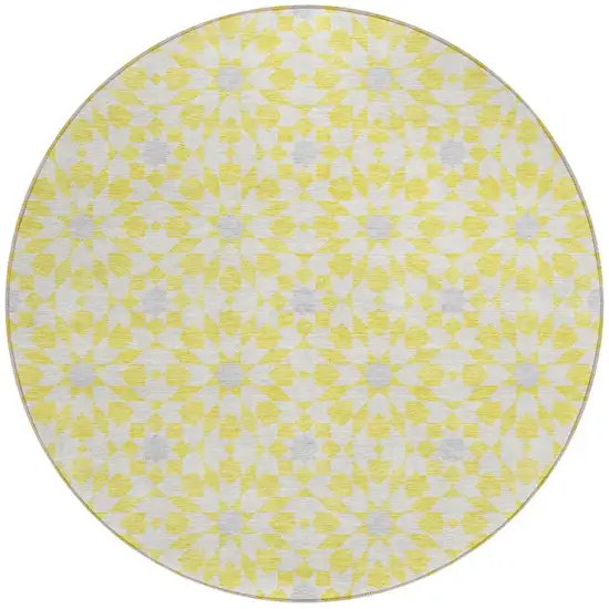 8' Yellow Ivory And Gray Round Floral Medallion Washable Indoor Outdoor Area Rug Photo 7