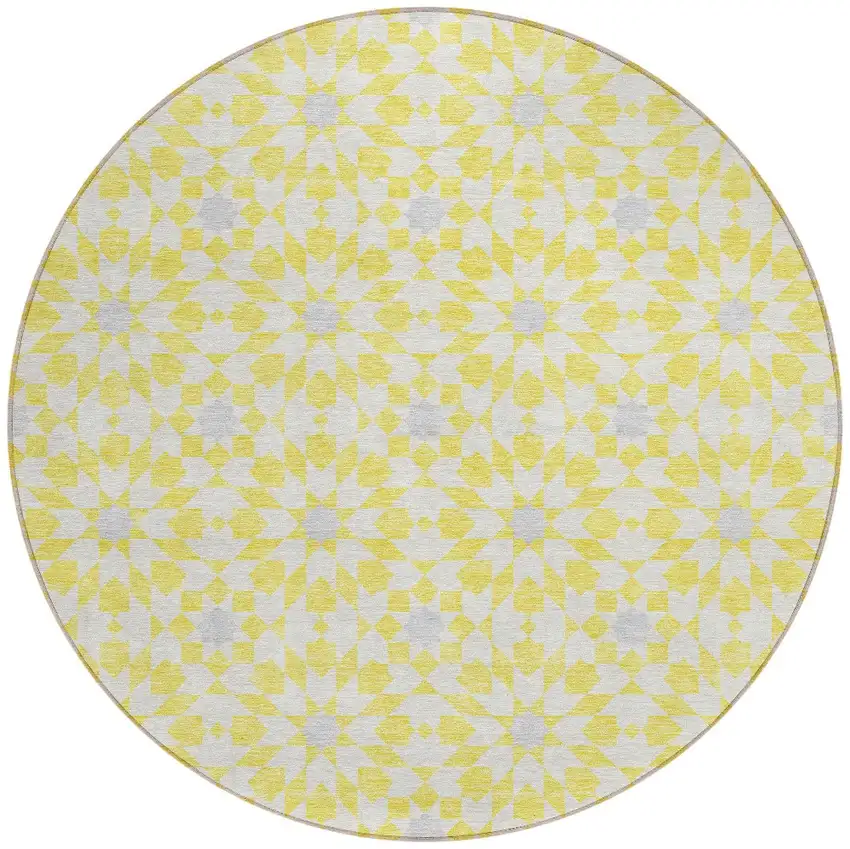 8' Yellow Ivory And Gray Round Floral Medallion Washable Indoor Outdoor Area Rug Photo 7