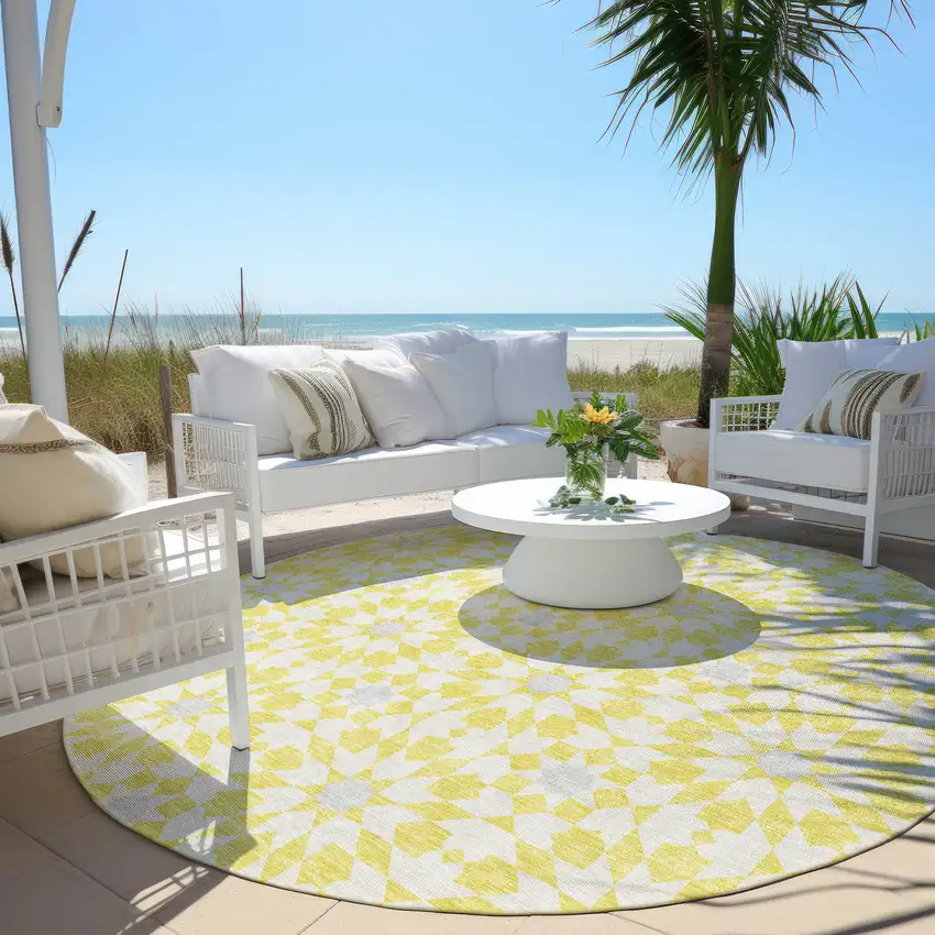 8' Yellow Ivory And Gray Round Floral Medallion Washable Indoor Outdoor Area Rug Photo 8